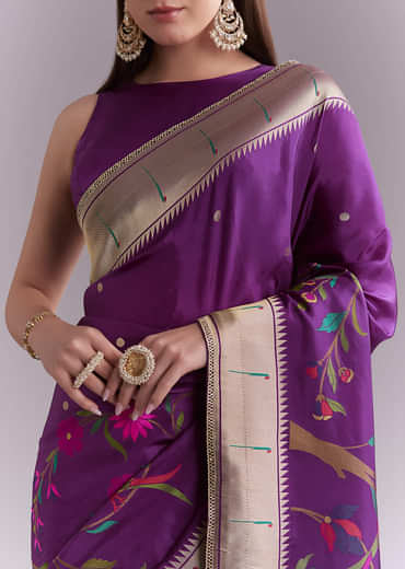 Purple Silk Muniya Paithani Saree With Booti And Zari Work