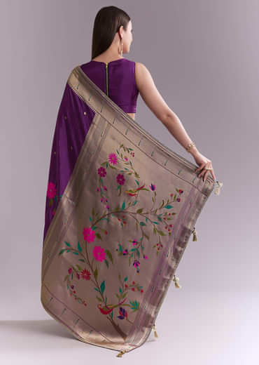 Purple Silk Muniya Paithani Saree With Booti And Zari Work