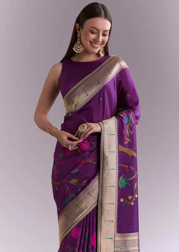 Purple Silk Muniya Paithani Saree With Booti And Zari Work