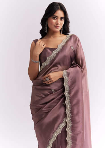 Purple Silk Organza Saree With Heavy Hand Embroidery