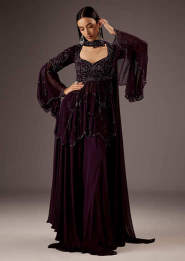 Purple Silk Palazzo Suit With Elegant Hand Work