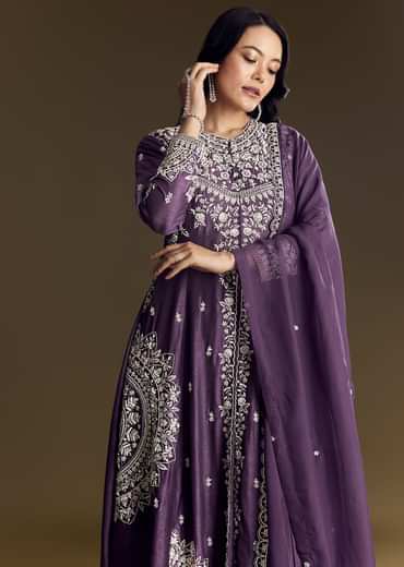 Purple Silk Palazzo Suit With Moti Work