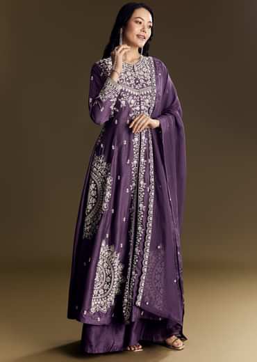 Purple Silk Palazzo Suit With Moti Work