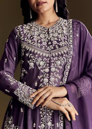 Purple Silk Palazzo Suit With Moti Work