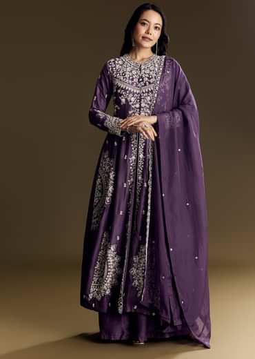 Purple Silk Palazzo Suit With Moti Work