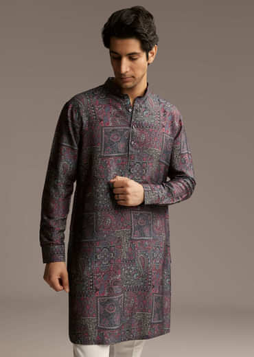 Purple Silk Printed Designer Kurta For Men