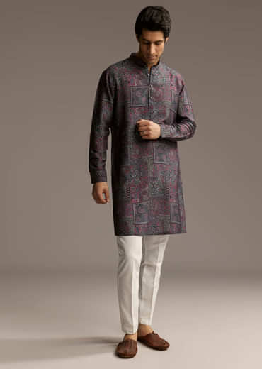 Purple Silk Printed Designer Kurta For Men