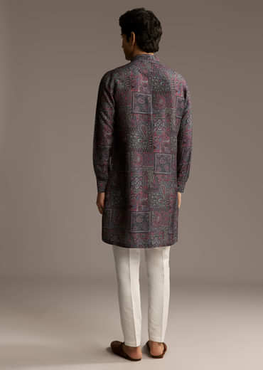 Purple Silk Printed Designer Kurta For Men