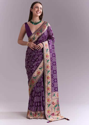 Purple Silk Saree With Zari Border And Multicolour Motifs