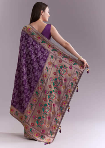 Purple Silk Saree With Zari Border And Multicolour Motifs
