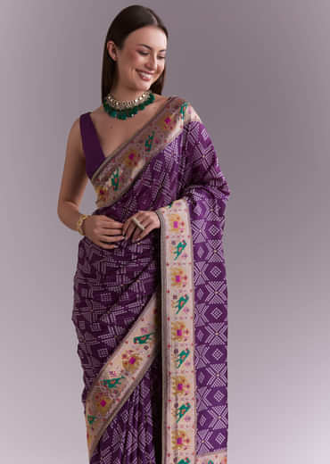 Purple Silk Saree With Zari Border And Multicolour Motifs