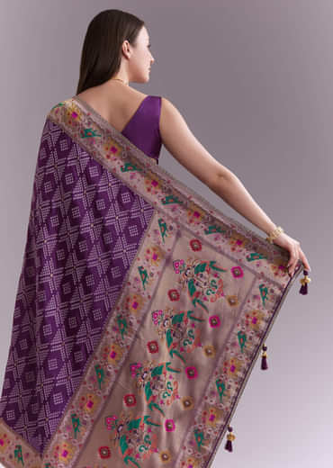 Purple Silk Saree With Zari Border And Multicolour Motifs