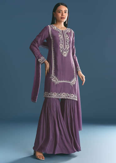 Purple Silk Sequin Work Kurta Sharara With Dupatta