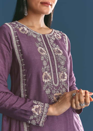 Purple Silk Sequin Work Kurta Sharara With Supatta