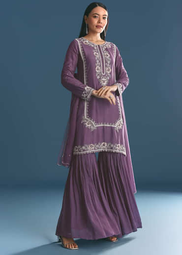 Purple Silk Sequin Work Kurta Sharara With Supatta