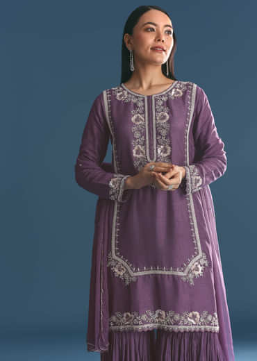 Purple Silk Sequin Work Kurta Sharara With Dupatta