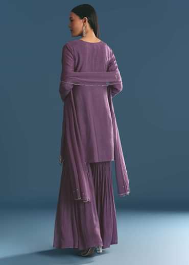 Purple Silk Sequin Work Kurta Sharara With Supatta