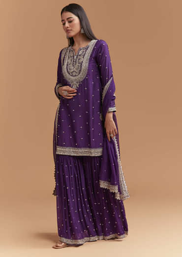 Purple Silk Sharara Suit With Heavy Hand Embroidery