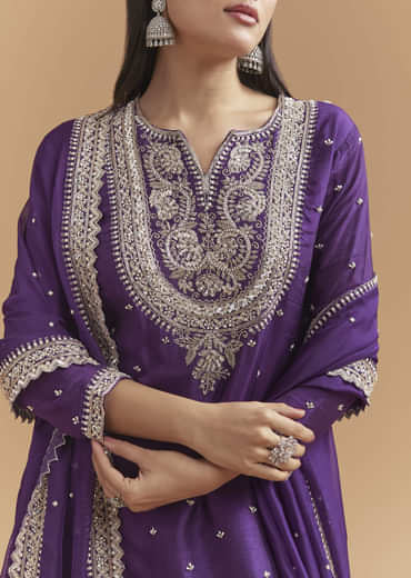Purple Silk Sharara Suit With Heavy Hand Embroidery