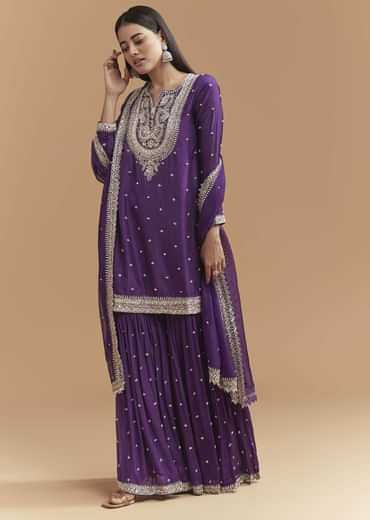 Purple Silk Sharara Suit With Heavy Hand Embroidery