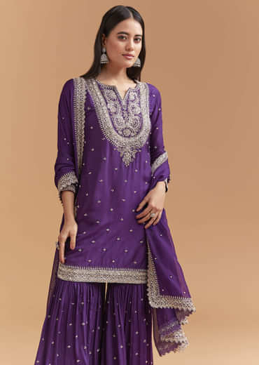 Purple Silk Sharara Suit With Heavy Hand Embroidery