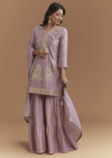 Purple Silk Sharara Suit With Intricate Gota Work