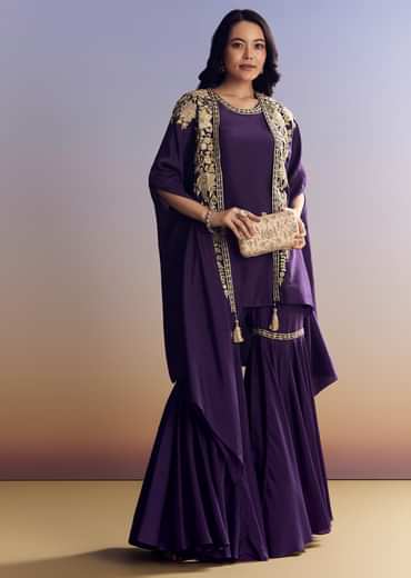 Purple Silk Sharara With Zari Cape
