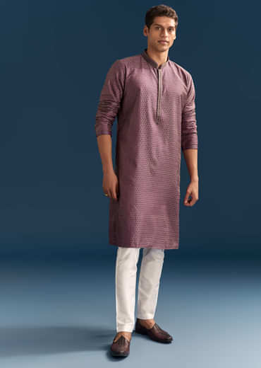 Purple Silk Textured Kurta Set For Men With Embroidery