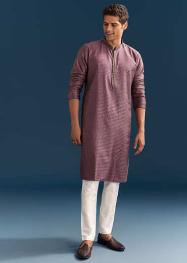 Purple Silk Textured Kurta Set For Men With Embroidery