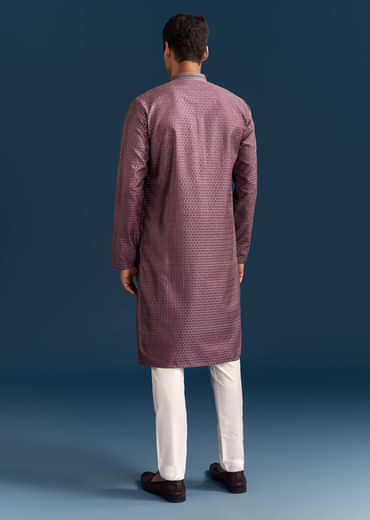 Purple Silk Textured Kurta Set For Men With Embroidery