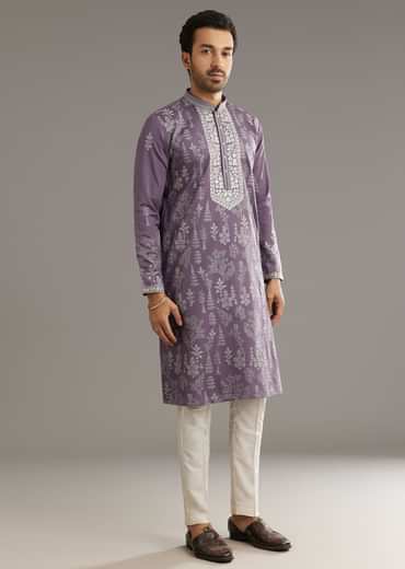 Purple Silk Vine Motif Printed Kurta Set With Thread Work