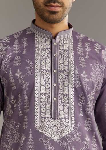 Purple Silk Vine Motif Printed Kurta Set With Thread Work