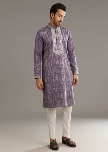 Purple Silk Vine Motif Printed Kurta Set With Thread Work
