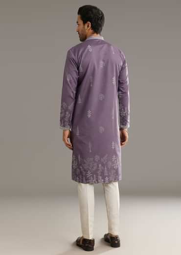 Purple Silk Vine Motif Printed Kurta Set With Thread Work
