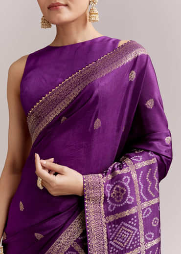 Purple Silk Woven Bandhani Saree With Zari Borders