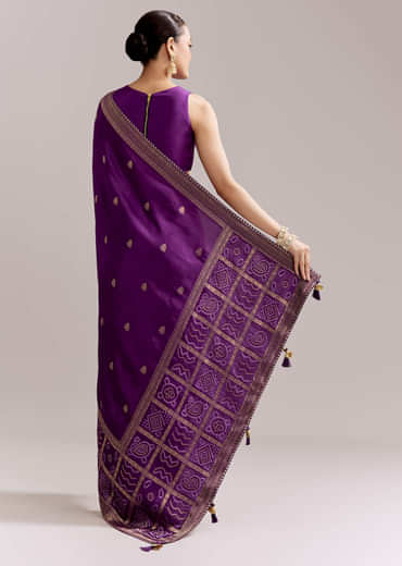 Purple Silk Woven Bandhani Saree With Zari Borders