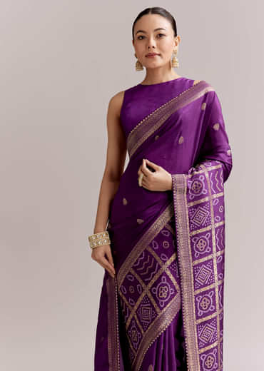 Purple Silk Woven Bandhani Saree With Zari Borders