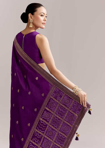 Purple Silk Woven Bandhani Saree With Zari Borders