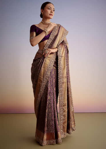 Purple Tissue Embellished Saree With Floral Embroidery