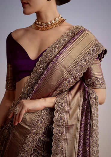 Purple Tissue Embellished Saree With Floral Embroidery