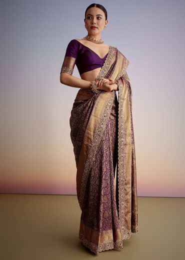 Purple Tissue Embellished Saree With Floral Embroidery