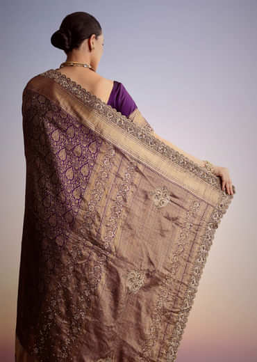 Purple Tissue Embellished Saree With Floral Embroidery