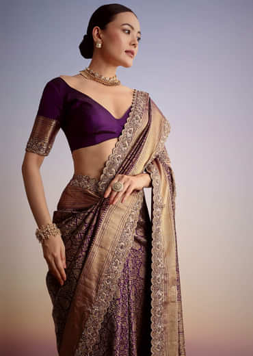Purple Tissue Embellished Saree With Floral Embroidery