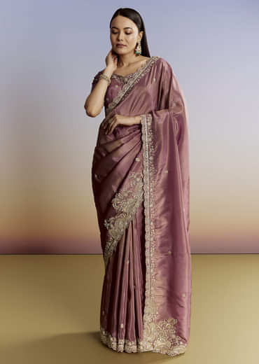 Purple Tissue Saree With Cutdana Sequins And Resham Knot Work
