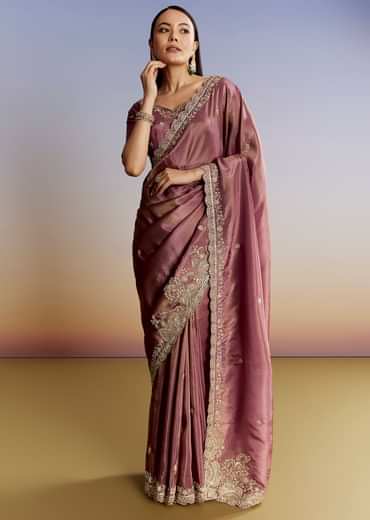 Purple Tissue Saree With Cutdana Sequins And Resham Knot Work