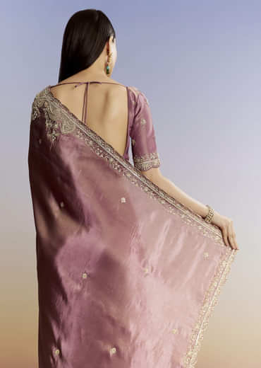 Purple Tissue Saree With Cutdana Sequins And Resham Knot Work