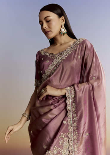 Purple Tissue Saree With Cutdana Sequins And Resham Knot Work
