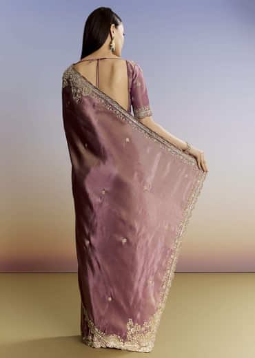 Purple Tissue Saree With Cutdana Sequins And Resham Knot Work