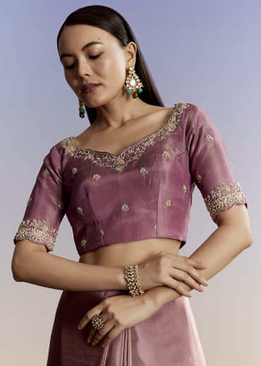 Purple Tissue Saree With Cutdana Sequins And Resham Knot Work