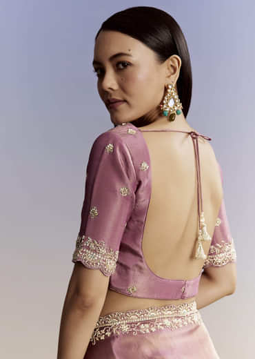 Purple Tissue Saree With Cutdana Sequins And Resham Knot Work